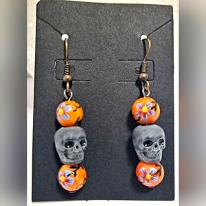 Skull and Floral Orange Beaded Dangle Earrings Handcrafted Festive